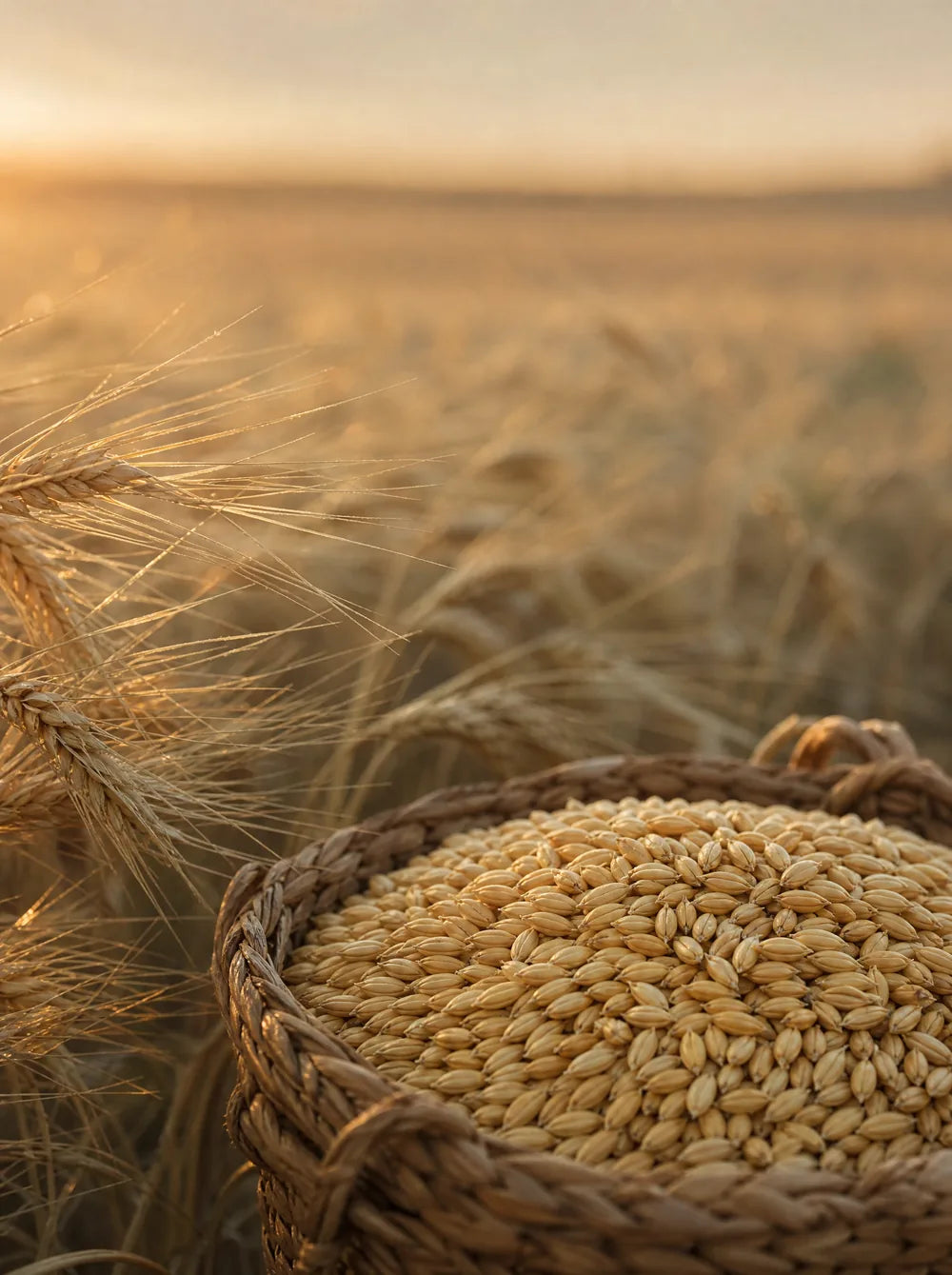 Hulled barley grains in a woven basket in a barley field at golden hour