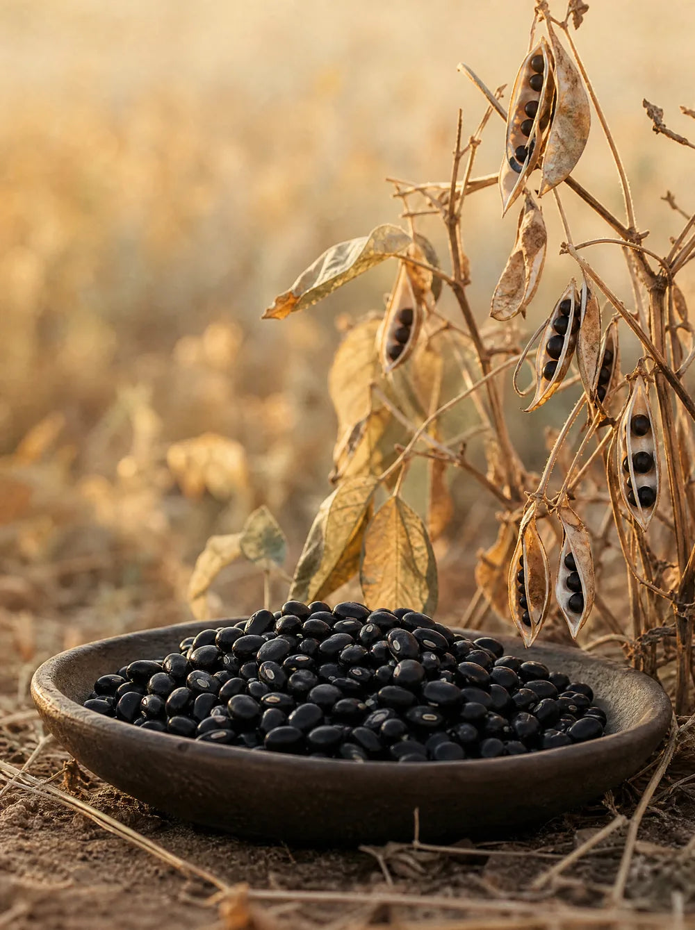 Dried black beans in an earthenware dish beside black bean pods on the vine