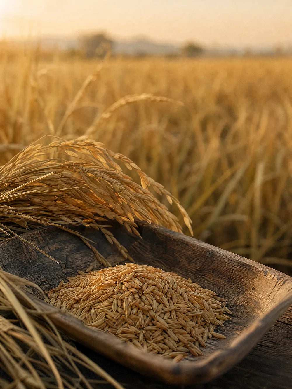 Bran-on brown rice grains in a wooden tray at the edge of a rice field
