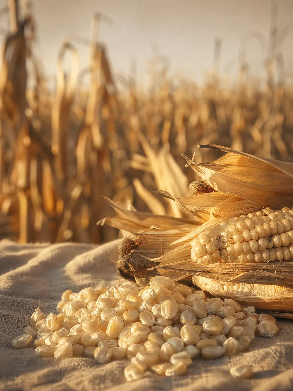 Dried hominy kernels on linen in front of a late-season maize field