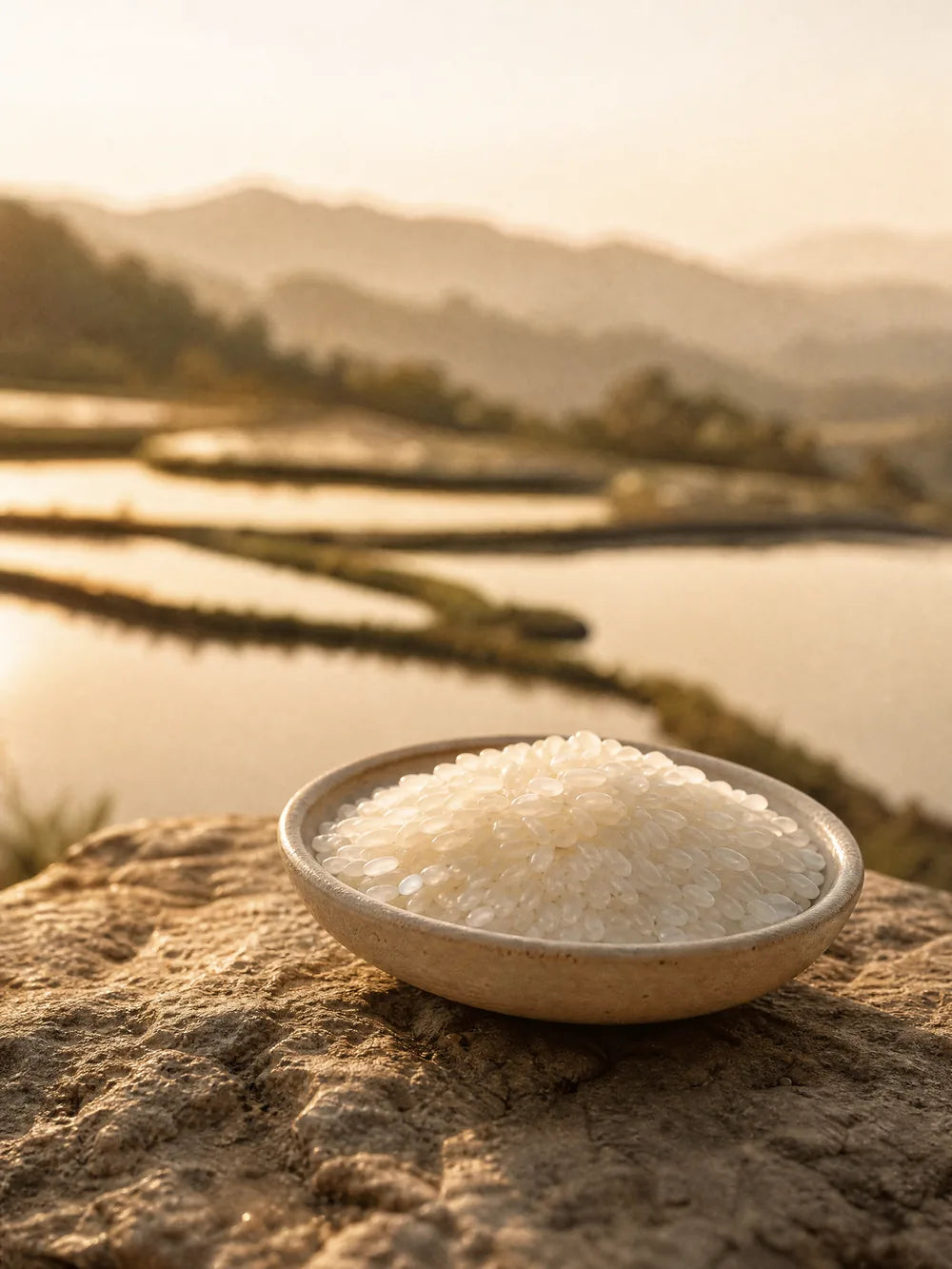 Polished white rice in a pale clay dish beside terraced paddies