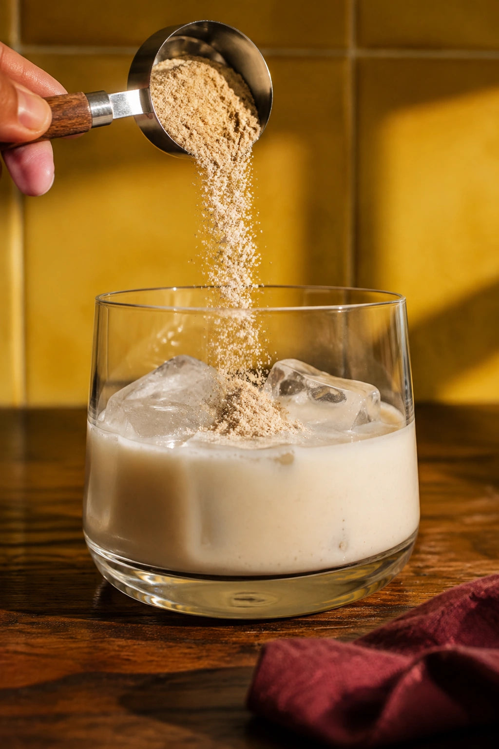 Roasted grain and bean powder falling from a scoop into a glass of iced milk