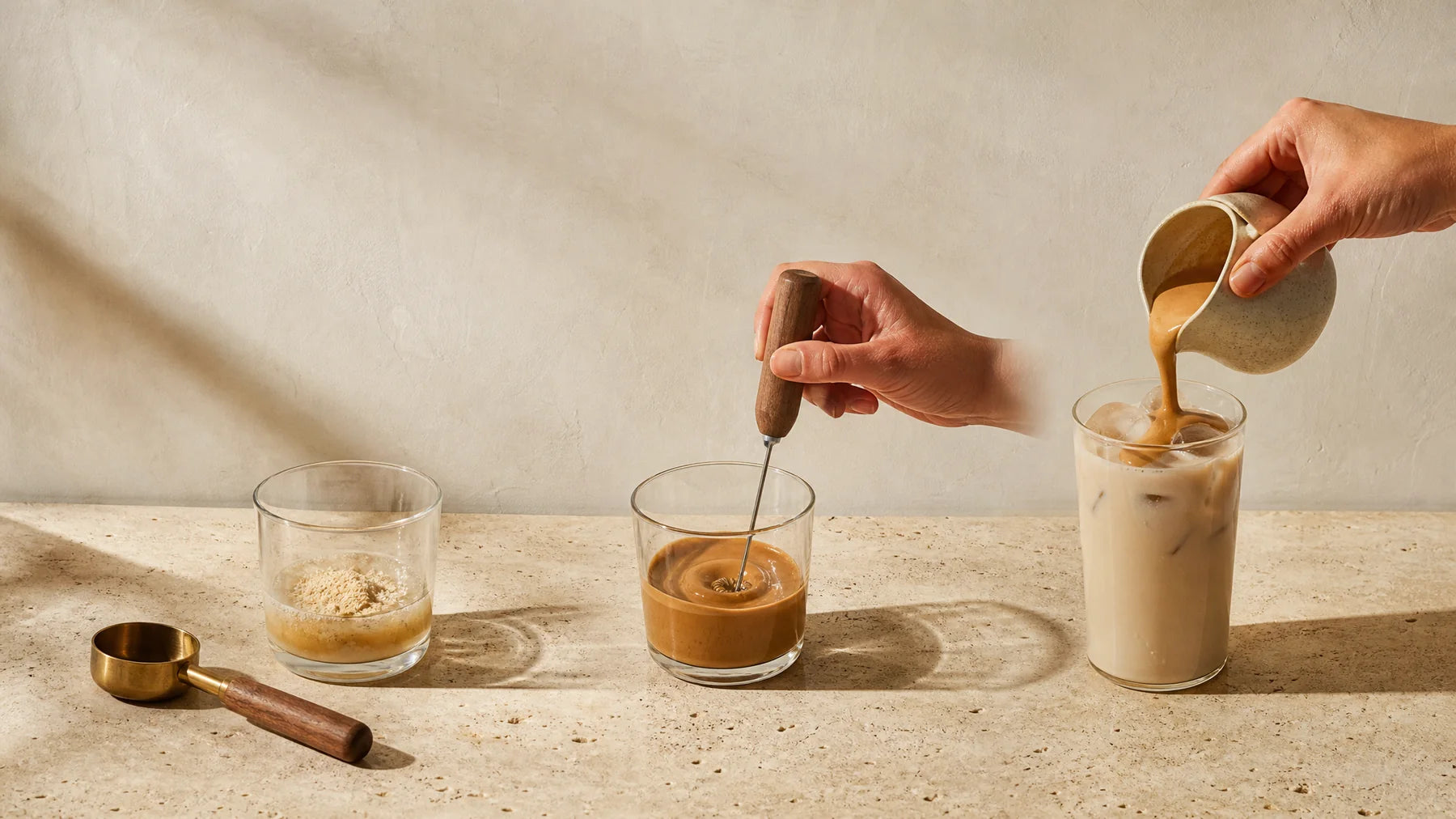 Three stages of making Misu: powder wetted with hot water, frothed to a smooth paste, then poured into iced milk